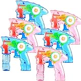 6 Pcs Bubble Gun Shooter LED Light up(no Batteries Needed), Wind up Operated Bubbles Blaster Blower with Bottle Solutions, Bubble Blowing Toy kit for Kid Boy and Girl Outdoor Summer Game Party Favor