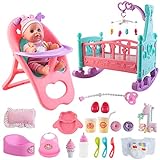 deAO Baby Doll Set with Crib Mobile High Chair Stroller Feeding Accessories 20 Pieces Play Set (Baby Doll Included)