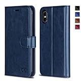 OCASE iPhone X Wallet Case, iPhone 10 Case [ Wireless Charging ] [ Card Slot ] [ Kickstand ] Leather Flip Wallet Phone Cover Compatible for Apple iPhone X/iPhone 10 - Blue