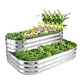 POTEY 2 Tiered Raised Garden Beds Kit - Made of Galvanized Metal - Excellent as Ground Planter Boxes for Outdoor Gardening - Including Fruit, Vegetables, Herbs, Flowers, etc