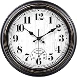 45MinST 12 Inch Indoor/Outdoor Retro Round Waterproof Wall Clock with Thermometer, Silent Non Ticking Battery Operated Quality Quartz Wall Clock Home/Patio Decor(Black Gold)