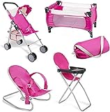fash n kolor 4 Piece Pink Baby Doll Set, Includes - 1 Pack n Play with Carry Bag, 2 Doll Stroller, 3 Doll High Chair, 4 Infant Seat,