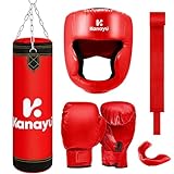 Kanayu 6 Pcs Kids Punching Bag Set, Youth Boxing Gift Includes Hanging Punching Bag, Boxing Helmet, Kickboxing Boxing Gloves, Mouth Guard and a Bandage, for Children MMA Muay Thai Training(Red)