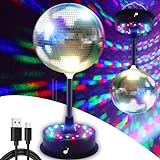 6''Rotating Mirrors Disco Ball Light Hanging Silver Glitter Ball with 5RPM-9RPM Adjustable Rotary Motor Base 24 RGB LED Mood Lights Great for Party Club Stage Dance Bar (USB Powered/Battery Powered）