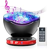 Night Light Projector, 12 LED Ocean Wave Projector 8 Color Changing Music Night Light 6 Sounds for Kids with Remote Control Timer Setting Light Show for Kids Adults Bedroom Lights Room Decor(Black)