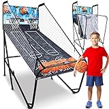 SereneLife Dual Hoop Basketball Shootout Indoor Home Arcade Room Game with Electronic LED Digital Double Basket Ball Shot Scoreboard & Play Timer Fold-up Court Shooting Sports for Kids&Adults Player