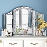 blingworld Trifold Mirror Vanity-Crushed Diamond 3 Way Mirror Bedrooms, Bathroom, Table top Mirror, 360 Makeup Mirror, Decorative, 32 Inch x 24 Inch