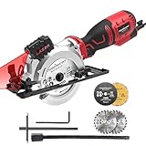 PowerSmart 5.8 Amp 4-1/2 Inch Mini Circular Saw with 4 Blades for Woods, Tile, Soft Metal and Plastic