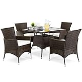 Best Choice Products 5-Piece Indoor Outdoor Wicker Dining Set Furniture for Patio, Backyard w/Square Glass Tabletop, Umbrella Cutout, 4 Chairs - Cream