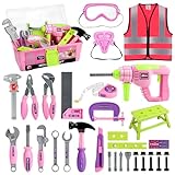 Deejoy Tool Set with Tool Box & Electronic Toy Drill, Pretend Play Kids Construction Kits for Kids Ages 3-5 Years Old, Toddler Tool Set(Pink)