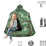 AthLike Hanging Tree Tent for Kid, Indoor Outdoor Hanging Tent, Waterproof Tree Ceiling Swing Pod, Portable Hang Out Huggle Pod Play Tent w/Rainbow Lights String, Inflatable Base, 45' H x 44' W 330lbs