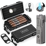 USEWIRE Cigar Travel Humidor and Cigar Lighter Set, Portable Travel Cigar Case with Humidifier, Hygrometer, Cigar Lighter, Cigar Cutter, Travel Humidor Holds 4-5 Cigars, Cigar Gift Set (Black)