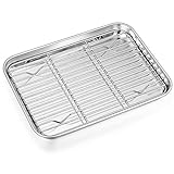 P&P CHEF Toaster Oven Pan with Rack Set, Stainless Steel Broiler Pan with Cooling Rack, Mini Rectangle 9’’x 7’’x1’’, Non Toxic & Heavy Duty, Mirror Finish & Dishwasher Safe