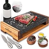 Nutrichef Cooking Stone Grill Set - Hot Lava Rock Sizzling Plate for Steak BBQ & Meat Grilling with Stainless Steel Knives, Cooks and Retains Heat & Flavor, Heated Tray for Serving Food