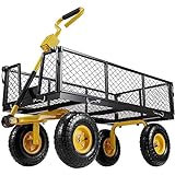Eusuncaly Steel Garden Cart with Removable Sides, 880LBS Heavy Duty Utility Wagon Cart with Huge Pneumatic All Terrain Tires, Wagon Cart with 180°Adjustable Handle for Garden,Farm,Yard,Black