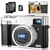 5K Digital Camera for Photography Autofocus 48MP Vlogging Camera for YouTube 16X Digital Zoom Point and Shoot Cameras with SD Card, 2 Batteries, Viewfinder & Mode Dial