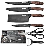 Professional Chef Knife Set 6 Pieces, Black Kitchen Knive Set Sharp Meat Knives for Cooking, Stainless Steel Forged Kitchen Knife with Cutlery Ergonomic Design Wood Handle Chef Knife Gifts Box
