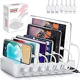 Poweroni USB Charging Station for Multiple Devices Apple Android Compatible - Charging Station Organizer with 7 Cables - Fast Charge Multi Device Phone Charger Station Charging Dock (Silver 6-Port)