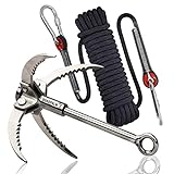 QUADPALM Grappling Hook with 10m Rope – Multifunctional Grapple Hook - 2 Locking carabiners - 4 Stainless Steel Folding Claws - Heavy Duty - Outdoor Camping Hiking Climbing Equipment (Black Rope)