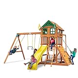 Gorilla Playsets 01-1069-Y Outing Wood Swing Set with Wood Roof and Monkey Bars - Yellow Slide, Amber
