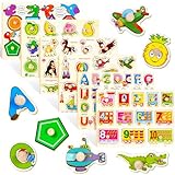 6 Pack Wooden Peg Puzzles Set for Toddlers 3 4, Preschool Educational Pegged Knob Puzzle Toy Wooden Learning Toys for Baby Boys and Girls Age 3-4