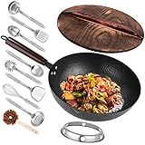 Leidawn 12.8' Carbon Steel Wok-11Pcs Woks & Stir Fry Pans Wok Pan with Lid, No Chemical Coated Chinese Wok with 10 Cookware Accessories, Flat Bottom Wok for Electric, Induction,Gas Stoves