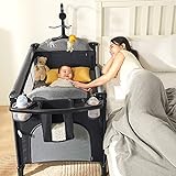MMBABY 5-in-1 Pack and Play Portable Crib for Baby,Multifunction Bedside Crib from Newborn to Toddlers,U-Shaped Diaper Changer,Playard,Safety Strap,Carry Bag,Hanging Toys (Black)