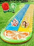 Sloosh 22.5ft Double Water Slides with 2 Body Boards Backyard Outdoor Slip Lawn Waterslide 2 Sliding Racing Lanes with Sprinklers Summer Water Toy, Orange