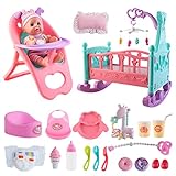 deAO 12” Baby Doll Play Set with Crib, Mobile, High Chair Feeding Accessories, Interactive Dolls for Girls Kids Pretend Play Baby Dolls 21 PCS