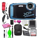 Fujifilm FinePix XP140 Waterproof Digital Camera (Sky Blue) Accessory Bundle with 32GB SD Card + Small Camera Case + Floating Wrist Strap + Deluxe Cleaning Kit + More