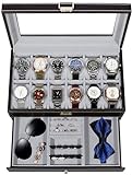 GUKA Watch Box, 12 Slot Watch Case for Men with Real Glass Lid, 2 Layer Watch Display Case, PU Leather Watch and Jewelry Box for Men and Women, Black with Grey