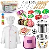 EFO SHM 44PCS Play Kitchen Accessories, Wooden Play Food, Kids Kitchen Pretend Play Toys with Stainless Steel Play Pots & Pans Sets, Apron & Chef Clothes, Kitchen Toys for Toddlers Preschoolers Kids