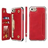 iCoverCase iPhone SE(2022)/SE(2020) iPhone 7/8/6/6s Wallet Case with Card Slots Holder and Wrist Strap Premium PU Leather Kickstand Magnetic Clasp Shockproof Flip Cover Case (Red)