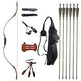 TOPARCHERY 53'' Archery Traditional Recurve Bow Set 30-50 lbs Hunting Handmade Horse Bow Longbow with 6X Wood Arrows Finger Guard Arm Guard Arrow Quiver (30)