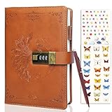 MATBIO Diary With Lock for Women & Adults, A5 Refillable Leather Locked Journal for Girl & Boy 250 pages, Password Lockable diaries with Pen & Stickers, and Gift Box (Brown)