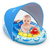 EZIGO Baby Pool Float with Canopy UPF50+ Sun Protection, Inflatable Kids Pool Float with Ocean Animal Toys for Babies 6-36 Months, Infant Swimming Float with Adjustable Safety Seat for Boys Girls