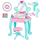 Play Vanity Sets for Girls | Toddler Makeup Vanity Playset with Mirror and Makeup Table for Kids with Piano | Beauty Set with Fashion & Makeup Accessories
