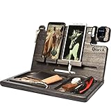 BarvA Wood Docking Station Nightstand Organizer 2 Phone Wallet Watch Stand Key Holder Tablet Tech Gadgets Charging Dock Desk Accessories Bedside Caddy Birthday Gifts for Men Home Organization EDC Tray