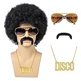 Afro Wig Men, 5pcs Set { Wig+ Glasses+ Necklace+ Mustache+ Wig Cap } 70'S Costumes Wig Disco Wig for Men Natural Fluffy Short Black Curly Synthetic hair Wig for Halloween Chrismas Cosplay Party