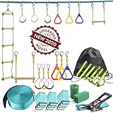 Ninja Slackline Backyard Obstacle Training Course 50' – The Most Complete Hanging Monkey Bars kit for Kids with Ladder, Rope and Swing - Portable Training Equipment Gift Set for Kids (Turquoise)