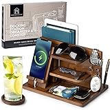 Wooden Docking Station with Laptop Compartment & Coaster! Ash Wood Tray, Bedside Caddy Nightstand Organizer, Entryway Organizer Key Tray, Desk Organizer. Valet Tray for Men & Women, Husband Gift Idea