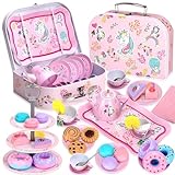 Auney 36 PCS Tea Set Toys for Girls,Tin Tea Party Toy Pretend Play for Little Girls,Kids Real Littles for Tea Time with Tea Filter Bags and Lemon Slices (Unicorn Toy)