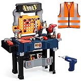 Deejoy Kids Tool Bench with Realistic Tools and Electric Drill, Transformable Kids Tool Set, Toddler Tool Bench Pretend Play Learning Gift for Boys & Girls Age 3-5 (with Work Clothes)
