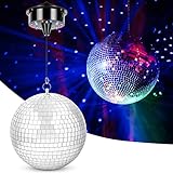 Meagoo Disco Ball with Motor and Light, 8' Hanging Mirror Ball and 6RPM Batteries Powered Rotating Motor with 4 Light Colors and 18 LEDs for Disco Party Decoration, DJ Club, Wedding, Birthday