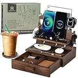 Wood Phone Docking Station for up to 3 Phones - Nightstand Organizer with Drawer for Valuables for Men & Women, Apple Watch Compatible, Holds Phones, Tablets, Keys, Rings, Glasses, Watches, EDC & More