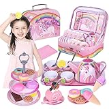 34Pcs Unicorn Tea Party Set for Little Girls,Princess Tea Time Play Kitchen Toy,Pretend Tin Teapot Set with Dessert, Doughnut, Carrying Case-Birthday Gifts for Kids Toddlers Age 3 4 5 6