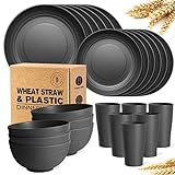 Teivio 24-Piece Kitchen Plastic Wheat Straw Dinnerware Set, Service for 6, Dinner Plates, Dessert Plate, Cereal Bowls, Cups, Unbreakable Plastic Outdoor Camping Dishes, Black