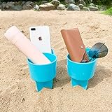 Home Queen Beach Cup Holder with Pocket, Multi-Functional Sand Cup Holder for Beverage Phone Sunglasses Key, Beach Accessory Drink Sand Coaster, 2-Pack, Blue
