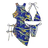 3 Piece Swimsuit for Women Sexy Cutout Mesh High Neck Beach Cover Up, Padded Floral Print String Bikini Sets (S, Blue)