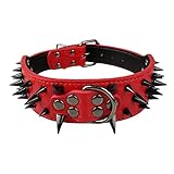 Berry Pet Sharp Spiked Studded Dog Collar - Stylish Leather Dog Collars - 2 Inch in Width Fit for Medium & Large Dogs - Such as Pitbull Mastiff - Black Rivets & Red Leather,15-18'